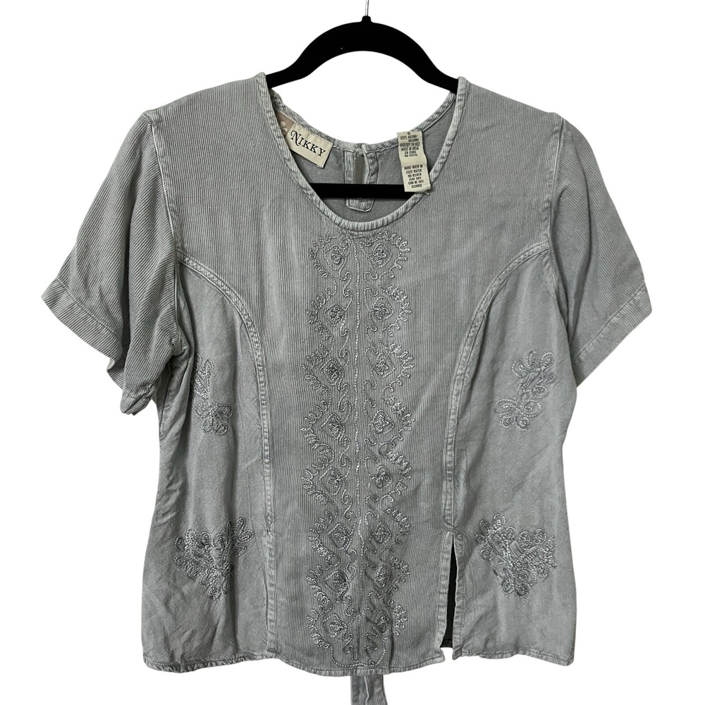 Y2K Nikky Grey Ribbed Rayon Embroidered Tie Back Top Short Sleeve Blouse S